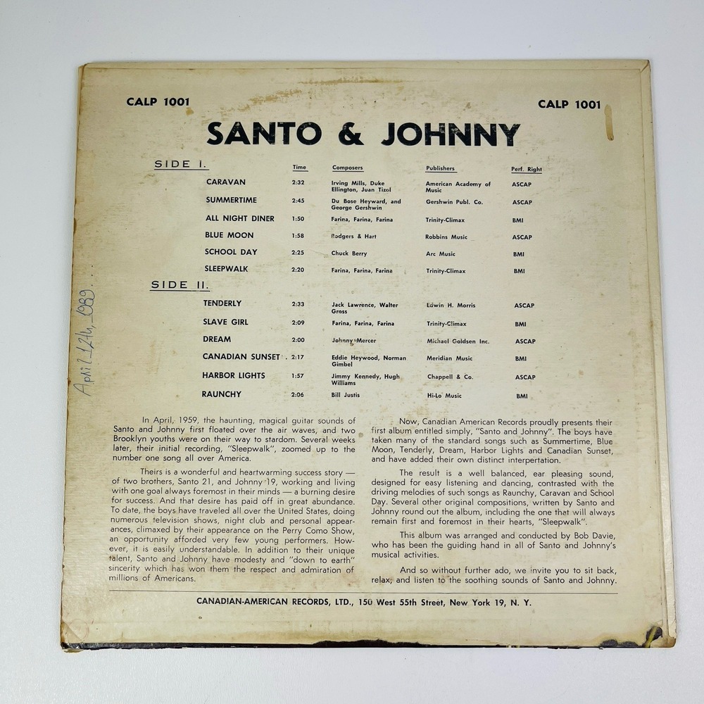 Santo Johnny S T 1959 Canadian American CALP 1001 Mono Jacket‎ Vinyl - Picture 5 of 7